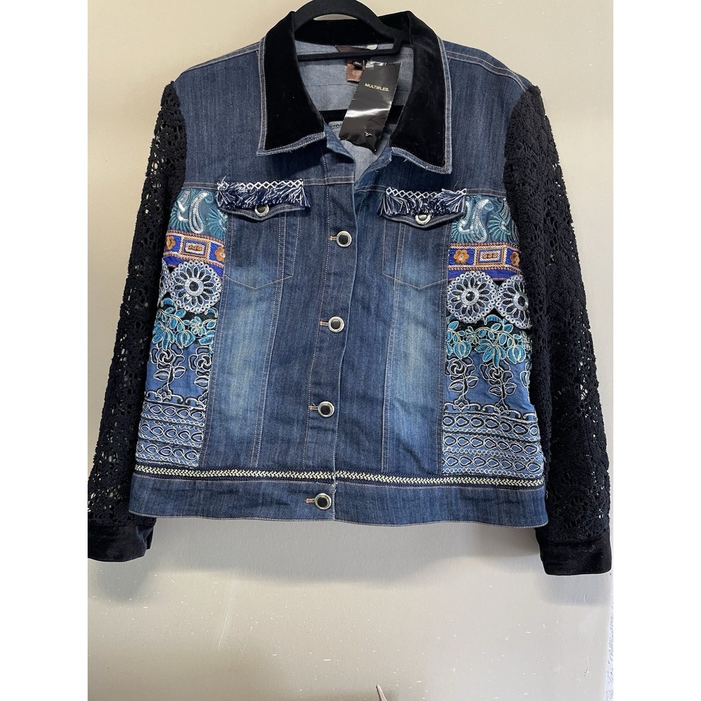 Women's Multiples Embellished denim Jacket with Open Weave Sleeves - XL
